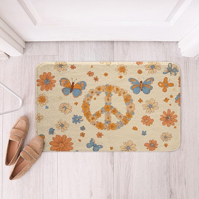 Erosebridal Groovy Party Decorations Bathroom Mat for Girls Women Peace Sign Decor Microfiber Bath Rug Hippie Butterfly 3D Entryway Door Mat 16x24 Cute Kawaii Florals Bath Mat Honey Bee Gifts for Kids