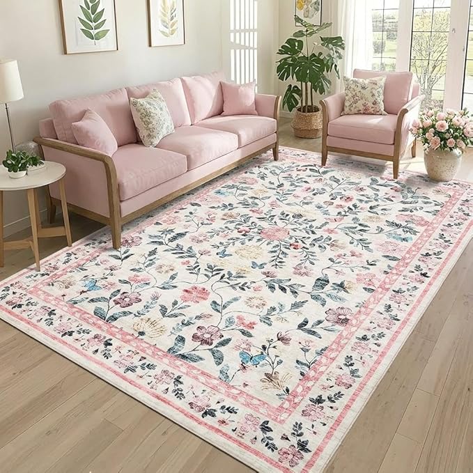5x7 Washable Non-Slip Rug, Vintage Floral Area Rug for Living Room, Low Pile Farmhouse Distressed Carpet for Nursery Playroom Dorm Teens Office, Pink