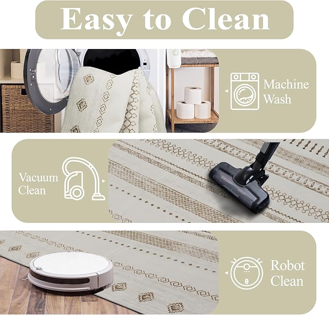 Washable Area Rugs 8x10, Large Rugs for Living Room, Carpet for Bedroom, Boho Soft Faux Wool Retro Dining Room Rug, Non-Slip Backing Resistant Low Pile Vintage Print Rug for Home Office(Beige)