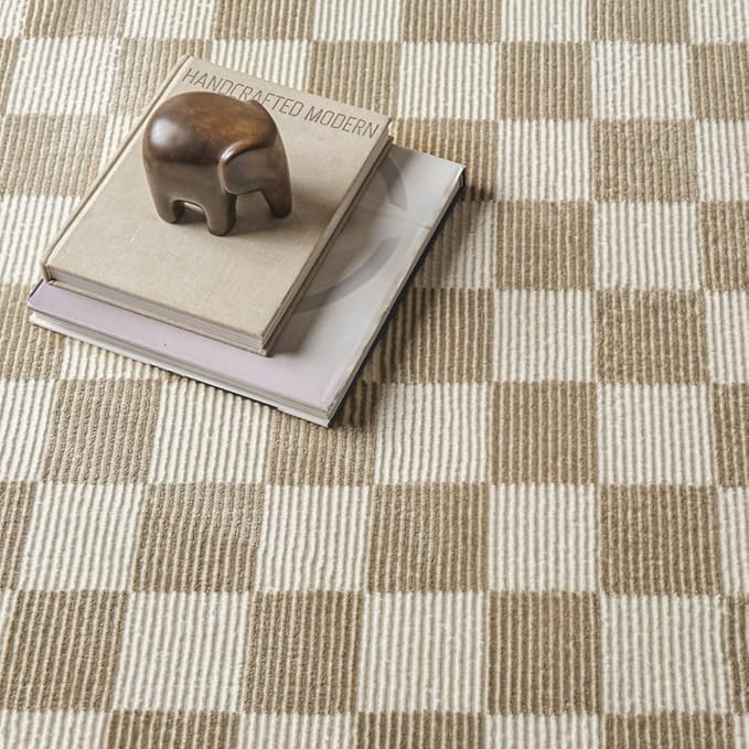 Revival Rugs Gambit 2'7"x9' Checkered Rug Machine Washable Runner Rug for Hallway Entryway - 100% Recycled Oeko-TEX Certified, Medium Pile, Camel, Beige