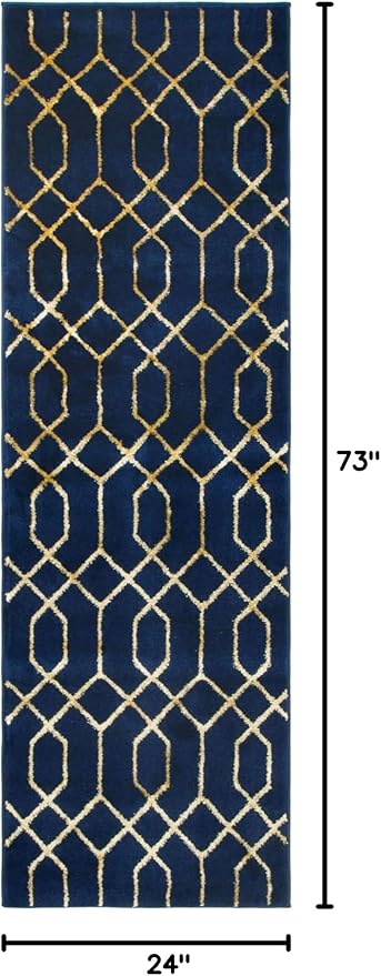 Marilyn Monroe Glam Collection Area Rug - Trellis (2' x 6' 1" Runner, Navy Blue Gold/ Gold)