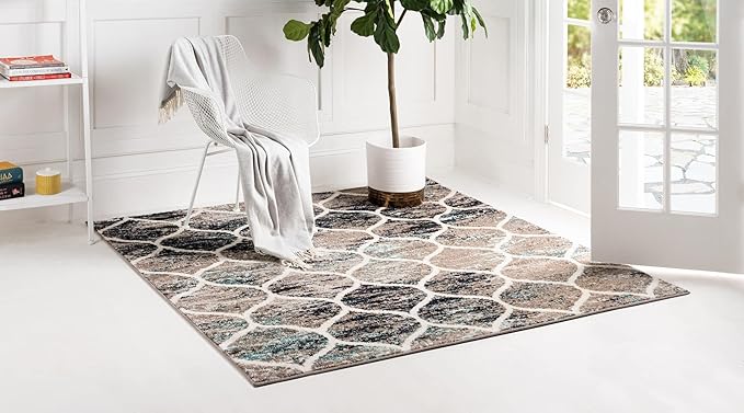 Rugs.com Lattice Frieze Collection Rug – 3' Square Blue Multi Medium Rug Perfect for Living Rooms, Kitchens, Entryways