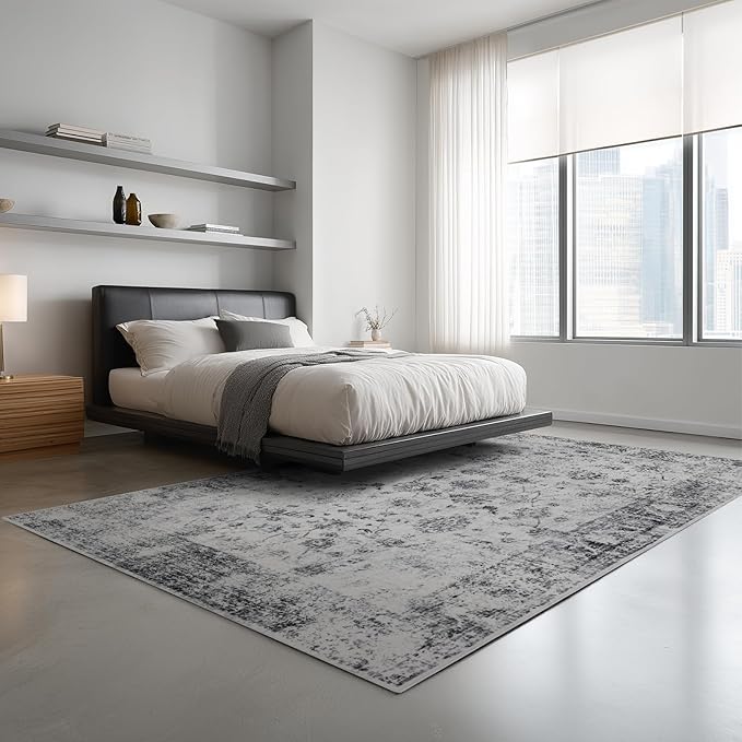Washable Area Rugs 8x10, Large Rugs for Living Room, Carpet for Bedroom, Soft Faux Wool Retro Dining Room Rug, Non-Slip Backing Resistant Low Pile Vintage Print Rug for Home Office (White/Grey)
