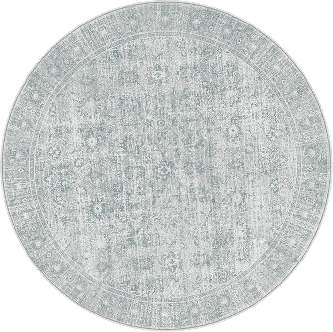 LIVEBOX Washable Area Rug 4ft Boho Round Rug Traditional Rugs for Bedroom, Ultra-Thin Retro Carpet Grey Print Distressed Accent Circle Rugs for Nursery Room Entryway Foyer