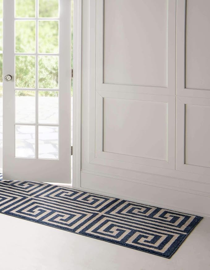 Unique Loom Athens Collection Classic Geometric Modern Border Design Area Rug (2' 7 x 10' 0 Runner, Navy Blue/ Beige)