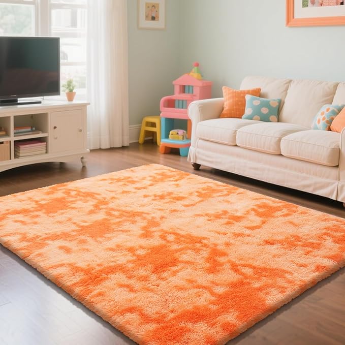 Mottling Orange Fluffy Rug Shaggy Area Rug, 6x9 Area Rugs for Girls Bedroom, Big Soft Shaggy Bedside Non-Slip Plush Dorm Nursery Kids Carpet Home Decor Aesthetic