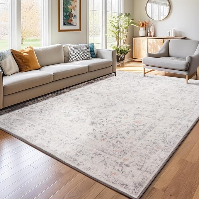 Area Rug - 9x12 Large Dining Room Rug Soft Living Room Mat, Vintage Washable Indoor Floor Throw Carpet for Bedroom, Playroom, Home Office (Grey)