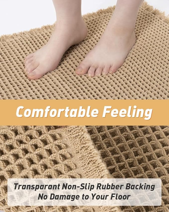 AMOAMI Upgraded Waffle Bath Mat, Super Absorbent Non Slip Bath Mats for Bathroom Floor, Machine Washable Bathroom Rugs with Tassels, Rubber Backed Bathroom Mats, Ultra Soft, 20" x 32", Brown