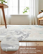 Washable Abstract Rug, 4x6 Ivory and Aqua Floral Area Rugs with Non-Slip Rubber Backed for Bedroom, Low Pile Modern Throw Carpet Kitchen Living Room Decor