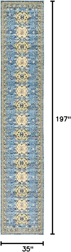 Unique Loom Taftan Collection Border Geometric Tribal Inspired Design Area Rug (3' 0 x 16' 5 Runner, Light Blue/ Gold)