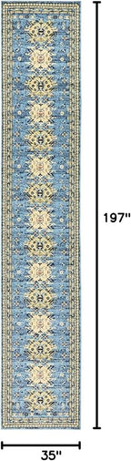 Unique Loom Taftan Collection Border Geometric Tribal Inspired Design Area Rug (3' 0 x 16' 5 Runner, Light Blue/ Gold)