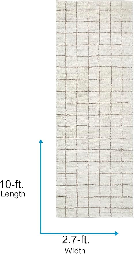 Livabliss x Our PNW Home Cascade Minimalist Grid Area Rug, 2'7" x 10', Grid Ivory/Taupe
