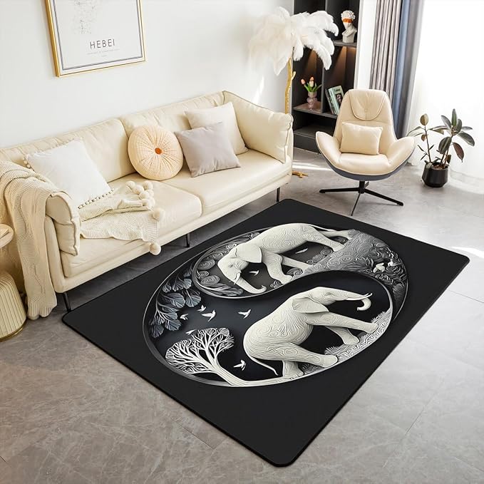 Elephant Area Rug 3x5 Bohemian Style Rugs for Living Room | Antique Decor Yin and Yang Washable Rug, Western Animals Carpet Indoor Floor Mat,Black Grey Beige