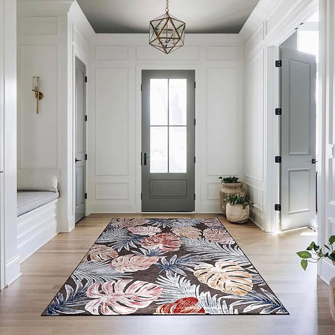 CAMILSON Indoor Outdoor Rug, Brown 9’x12’ Leaf Tropical Botanical Area Rugs for Indoor and Outdoor patios, Easy-Cleaning Non-Shedding Living Room, Garden and Kitchen Washable Outside Carpet (9x12)