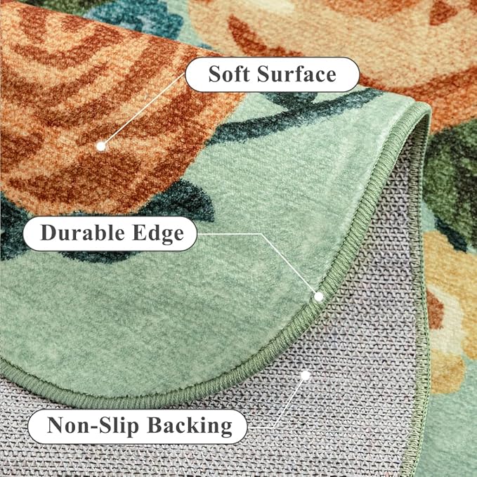 Washable Floral Area Rug 3x5 Green Office Carpet Scalloped Flower Non Slip Soft Entrance Door Mat Farmhouse Low Pile Thin Indoor Floor Cover for Kitchen Bathroom Bedroom Laundry Living Room