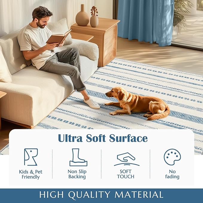 jinchan Moroccan Boho 3x5 Area Rugs for Entryway - Machine Washable Soft Throw Rug Bohemian Design Non-Slip Carpet for Entrance Living Room Kitchen Bedroom (3‘x5', Blue)