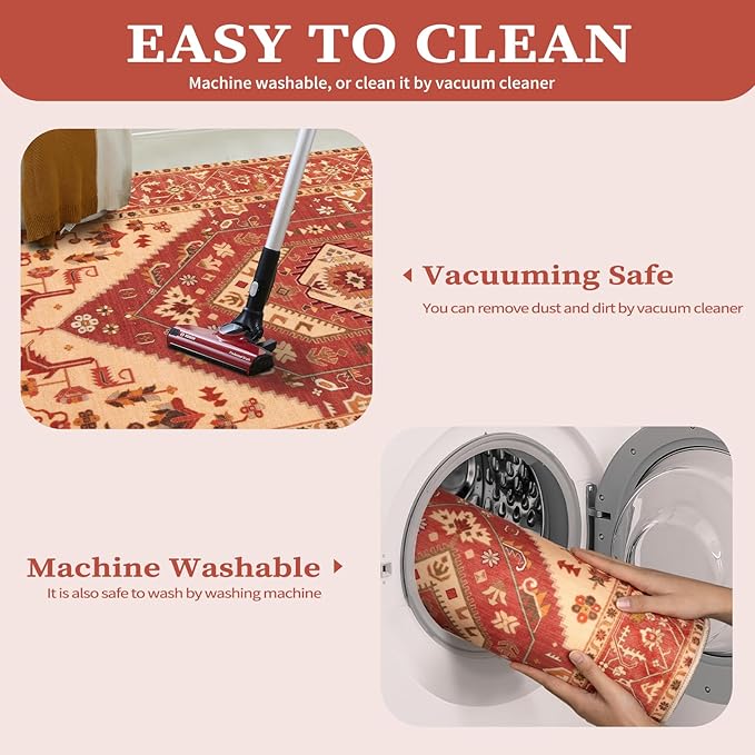 SERISSA Boho Rugs for Entryway, 2x3 Washable Non-Slip Entryway Rug Small Area Rug, Ultra Soft Oriental Vintage Red Beige Low-Pile Indoor Door Mat Floor Carpet for Entrance Bedroom Kitchen Bathroom
