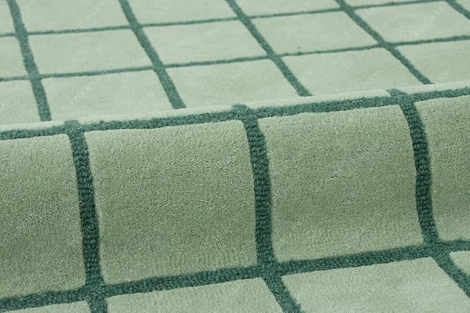 Mint Green Scalloped Edge Wool Area Rug with Checker Grid Design, Hand-Tufted Soft Carpet for Living Room, Bedroom, Nursery, Kids & Playroom Décor - 8x8 Ft (Round)