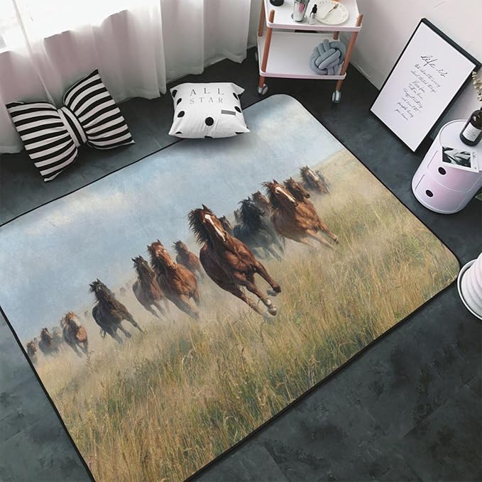 Horses Gallop Across The Grassland Area Rug Washable Outdoor Rugs Anti-Slip Soft Carpet Entryway Indoor Door Mat for Bedroom,Living Room,Porch,Terrace and Entrance Decor 3'x 2'