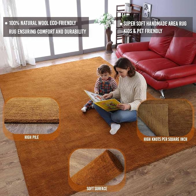 Rugsotic Carpets Hand Knotted Loom Wool ECO-Friendly Area Rugs - 3'x5', Rectangle, Orange Color, Solid Plain Design, High Pile Handmade Anti Skid Area Rugs for Living Room, Bed Room (L00111)