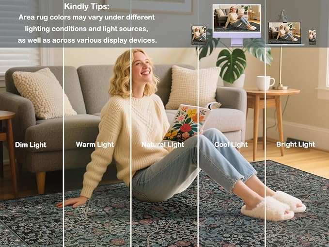 Area Rug for Living Room, 10x12 Large Washable Rugs for Dining Room, Bedroom, Non Slip Stain Resistant Carpet, Low Pile Vintage Floral Rug (Dark Green)