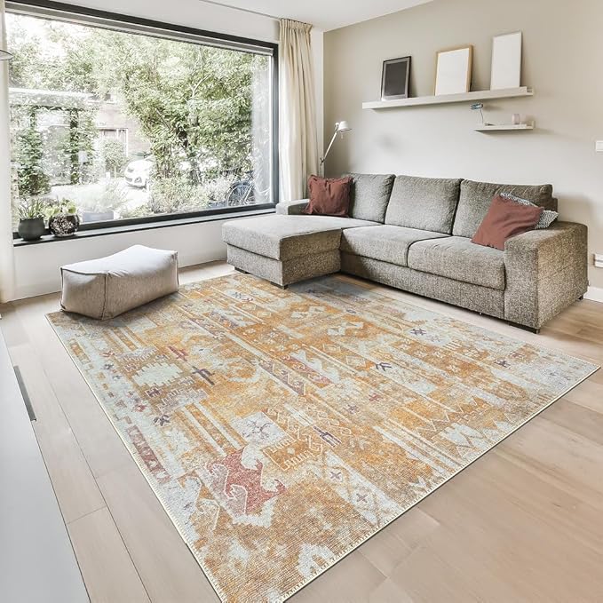 GLN Rugs Traditional Collection - Machine Washable Area Rug, Traditional Washable, Non Slip, Low Pile Chenille Rug, Living Room, Bedroom, Kitchen Rug (8' x 10' Sand/Light Gray)