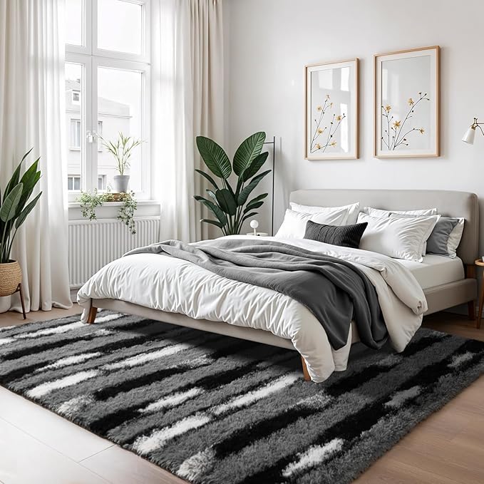 Zentavio Area Rugs for Living Room Large Rugs for Bedroom 6x9 Carpet Fluffy Fuzzy Soft Shag Aesthetic Plush High Pile Throw Rug for Nursery Kids Room Dorm Vertical Stripes Black White
