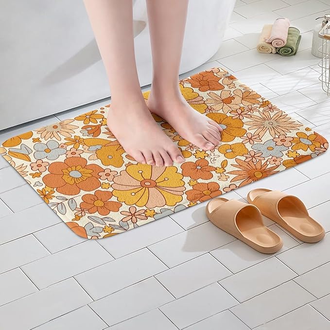 Erosebridal Hippie Flower Bath Rugs Groovy Birthday Decorations Bathroom Mats Cute Rainbow Floral Bath Carpets 20x32 for Girls Women Bedroom Decor Retro 70s Theme Floor Mats
