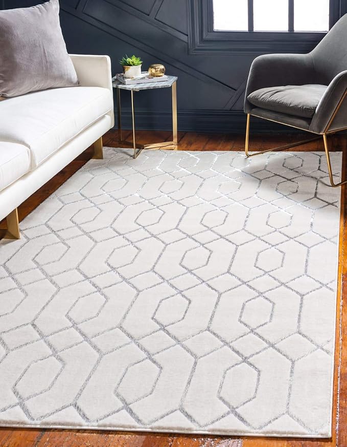 Unique Loom Marilyn Monroe Glam Collection Area Rug - Trellis (4' 1' x 6' 1' Rectangle, White Silver/ Silver)