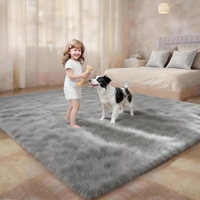 5x7 Solid Fluffy Grey Area Rug – Washable, Durable,Large Living Room Rug, Non-Slip High Pile Shag Rugs for Bedroom, Bedside, Dorms, Nursery Rooms, Kids Room, Soft Indoor Floor Carpet Decor
