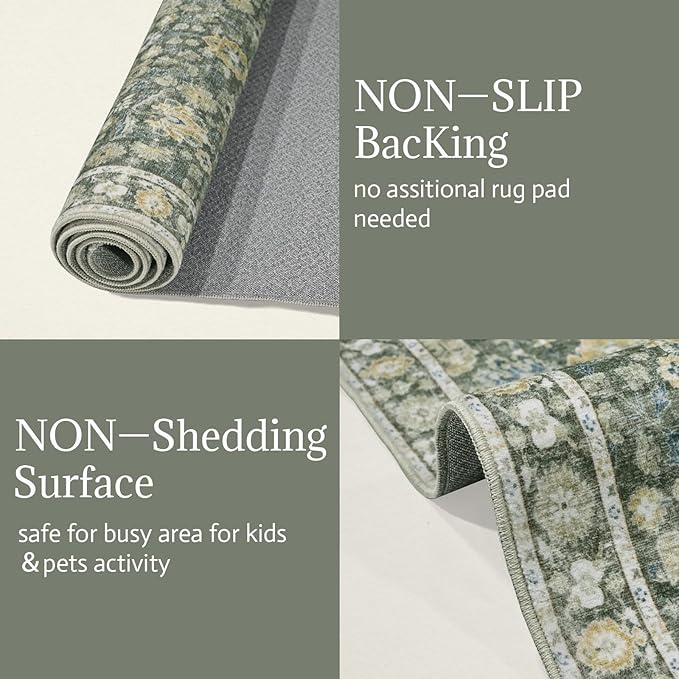 Washable Area Rugs 5'x7' Non-Slip Vintage Boho Distressed Fade Resistant Low Pile Carpet for High-Traffic Living Room, Bedroom & Dining Room