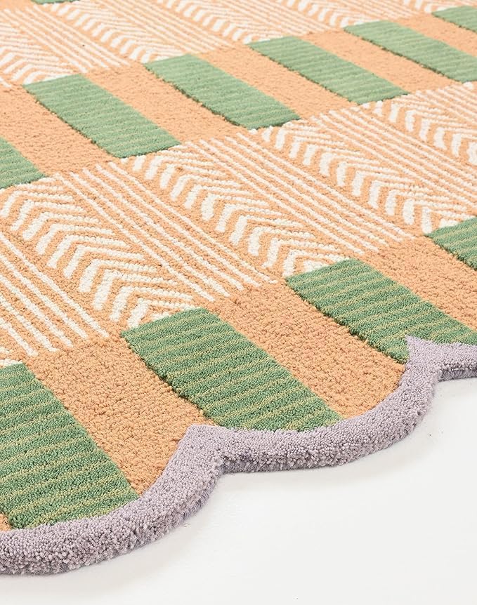 Handmade Scalloped Wool Area Rug - Modern Geometric Pattern, Green-Beige Stripes, Checkered Chevron Design - Soft, Durable Thick Carpet for Living Room, Bedroom (Beige, 4' x 6')