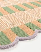 Handmade Scalloped Wool Area Rug - Modern Geometric Pattern, Green-Beige Stripes, Checkered Chevron Design - Soft, Durable Thick Carpet for Living Room, Bedroom (Beige, 4' x 6')