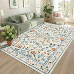GarveeHome Washable Area Rug 9 x 12 for Living Room, Non-Slip Soft Vintage Rug, Low Pile Farmhouse Floral Carpet, Non-Shedding Indoor Foldable Printed Rugs for Bedroom, Green