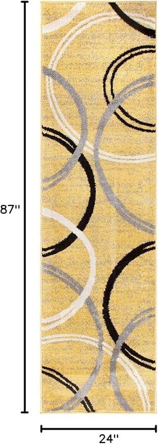 Rugshop Wavy Circles Design Runner Rug, Fade-Resistant Carpet for Hallway, Entryway, or Kitchen, Yellow, 2' x 7'2"