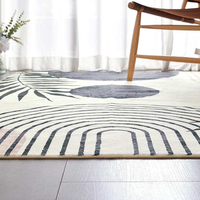 RoomTalks Mid Century Modern Living Room Rug Washable 5x7 Rug, Black Boho Cute Aesthetic Area Rugs Carpet for Bedroom Dining Room Office, Vintage Abstract Leaves Thin Indoor Entryway Carpet