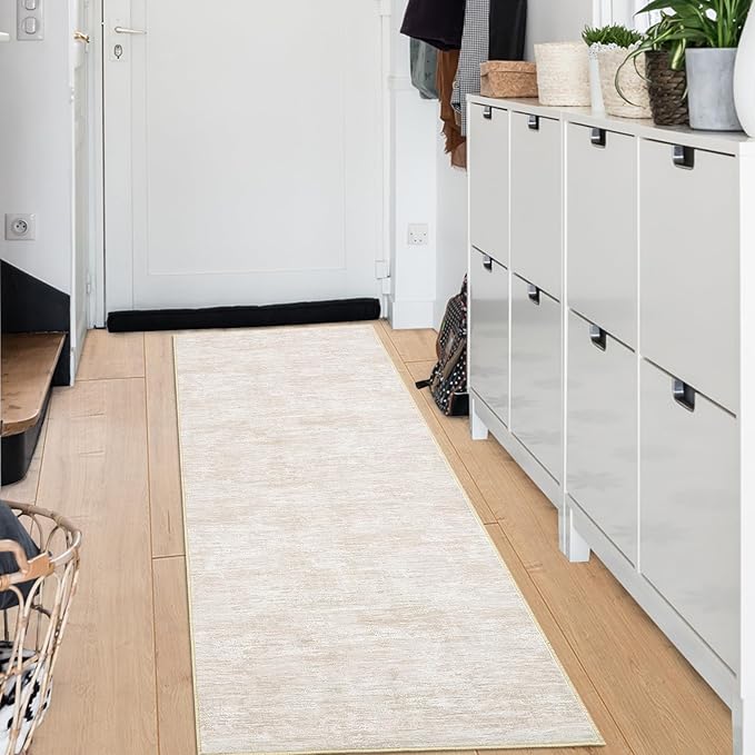RUGSREAL Modern Runner Rug 2.5x8 Stain Resistant Washable Kitchen Runner Carpet ith Rubber Backing Low Pile Contemporary Solid Color Entryway Mat Ultra Soft Rug for Living Room Bedroom, Beige