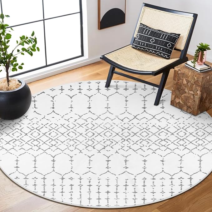 Lahome Moroccan Round Rugs 4Ft Washable Non-Slip Small Round Area Rug for Bedroom Soft White Low-Pile Round Throw Rug, Modern Geometric Print Indoor Circle Rugs for Kitchen Living Room Sofa Nursery