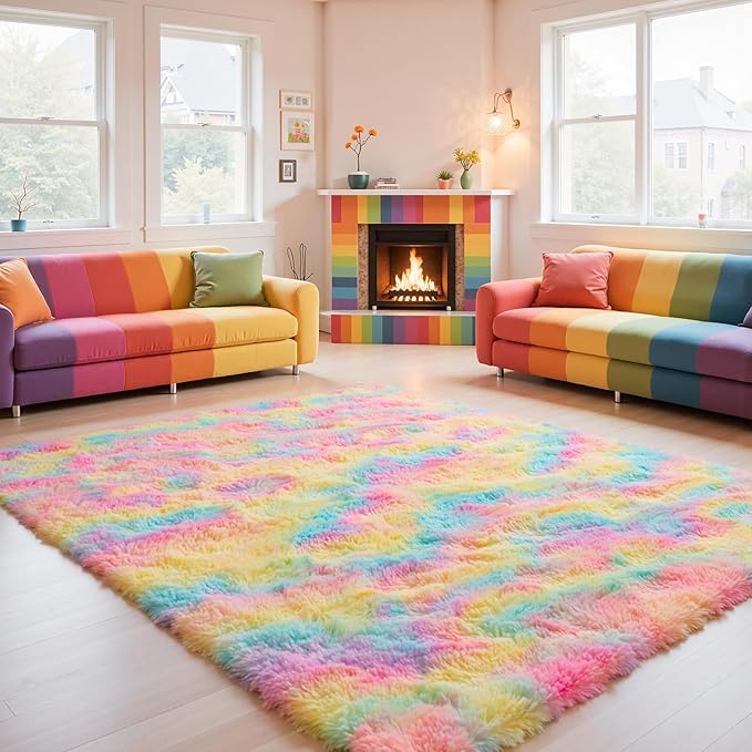 Zentavio Unicorn Rugs for Girls Room 6x9 Area Rugs for Living Room Carpet for Bedroom Washable Soft Fluffy Shag Aesthetic Plush High Pile Throw Rug for Nursery Kids Room Dorm Room Rainbow
