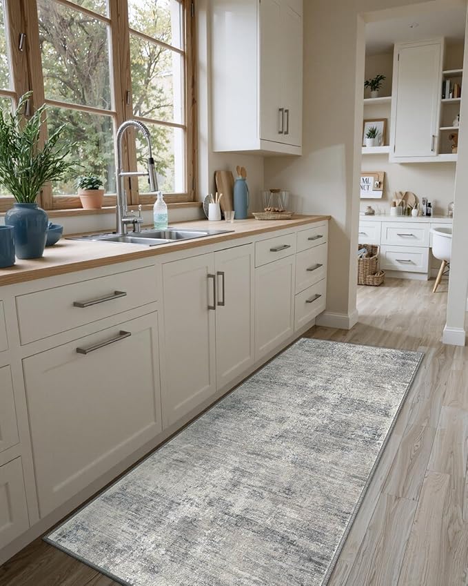 DEXI Hallway Runner Rug 3x10, Modern Abstract Non Slip Thin Soft Runners Carpet, Stain Resistant Washable Indoor Rug for Hallway Entryway Kitchen Laundry Room Living Room, Blue
