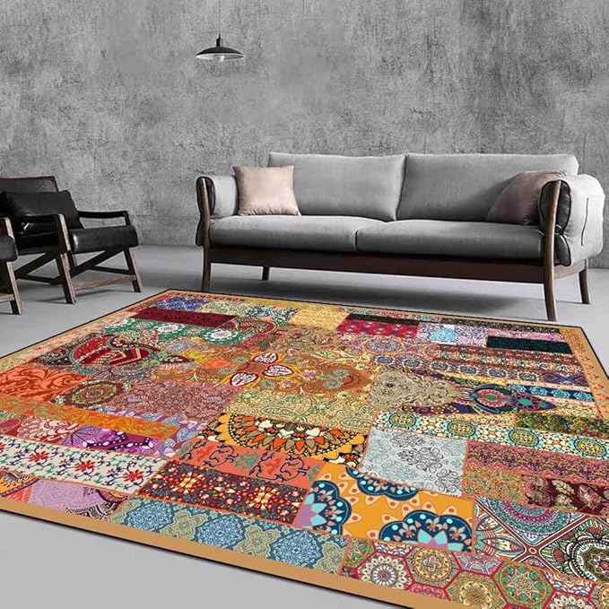 Vintage Boho Area Rugs Multicolor Ethnic Style Geometric Splicing Carpets Bedroom Living Room Kitchen Floor Mats Indoor Outdoor Non-Shedding Runner Rug Home Décor Carpet 5' X 5'
