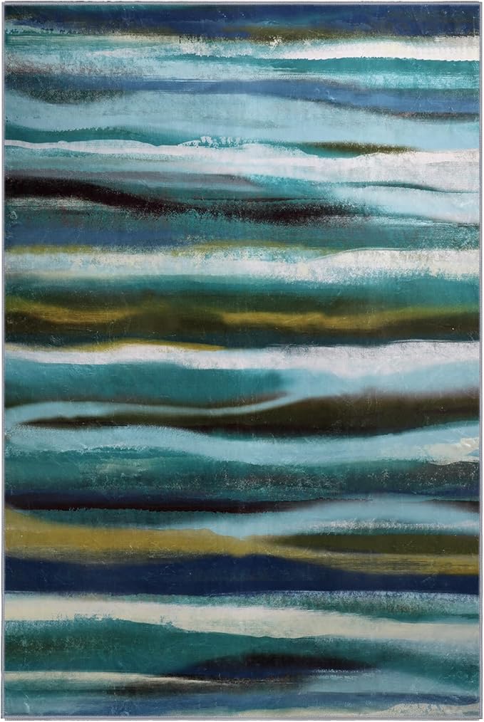 Abstract 9x12 Area Rug, Modern Stripe Teal Rugs for Living Room, Washable Soft Large Non-Slip Floor Carpet for Dining Room Office Bedroom Farmhouse Decor - Teal/Multi