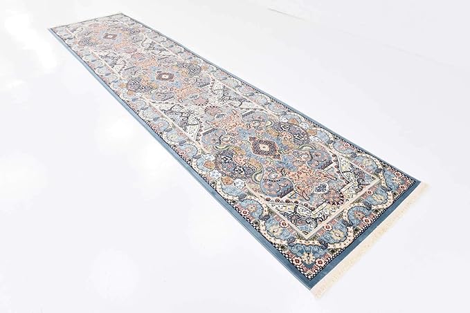 Unique Loom Narenj Collection Classic Traditional Medallion Textured Design Area Rug, 3 x 13 ft, Blue/Tan