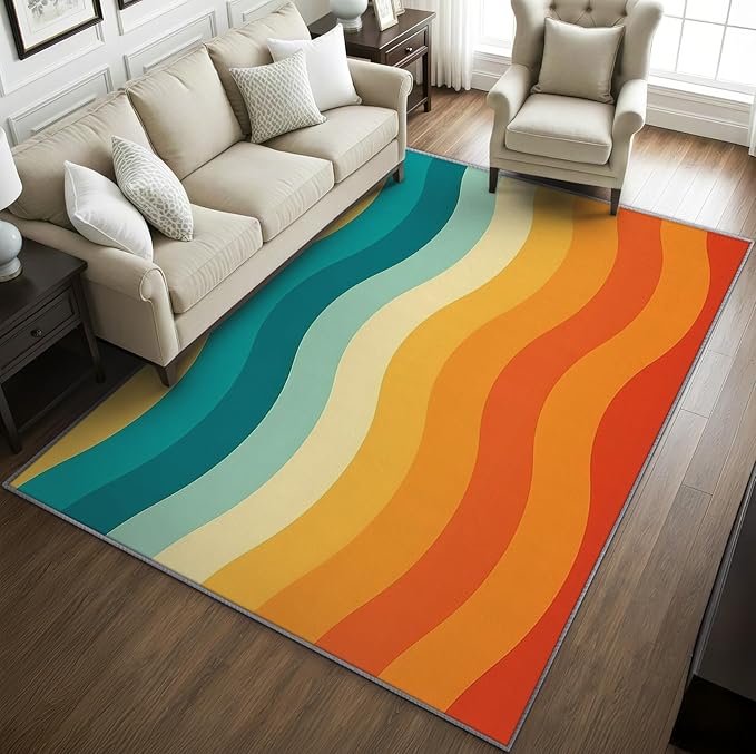 70s Rugs for Bedroom -Retro 70s Rug, 3x4 ft, Vintage Abstract Wave Area Rugs for Bedroom, Colorful Groovy Washable Carpet for Entryway, Kitchen, Retro Swirl Striped Home Decor & Gifts
