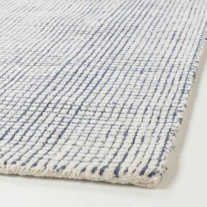 Hand-Tufted 100% Wool Pile Area Rug – Geometric Textured Grid Check Pattern – Thick and Durable Floor Carpet for Bedroom, Living Room, Kids Room, and Dining Area (Indigo Blue, 1' x 1')