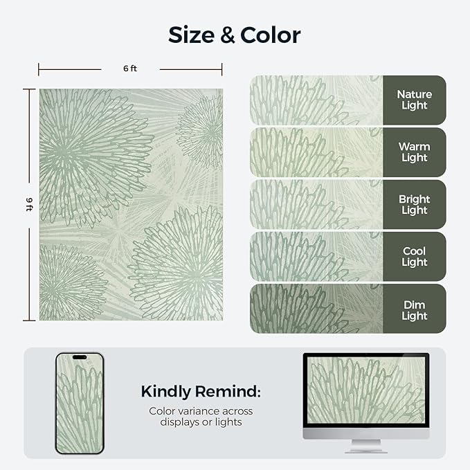 WITSHOCK 6x9 Washable Rug for Living Room,Modern Floral Distress Print Pattern Area Rugs,Stain Resistant with Non Slip Backing Carpet for Dining Room,Bedroom & Home Decor,Green/Light Green