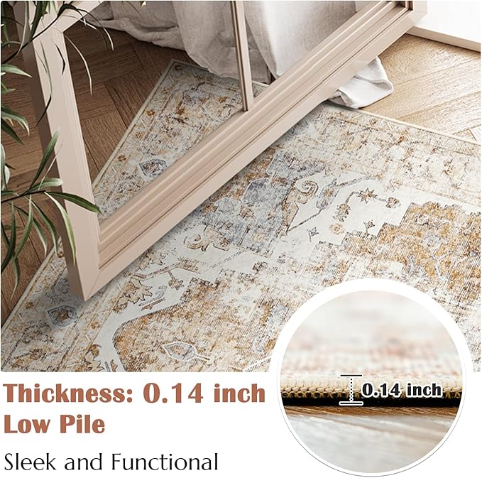 JINCHAN Area Rug 8x10 Washable Living Room Rug Vintage Indoor Large Floor Cover Distressed Lightweight Non-Slip Low Pile Thin Mat Accent Stain Resistant Carpet for Bedroom Dining Room Office Brick Red