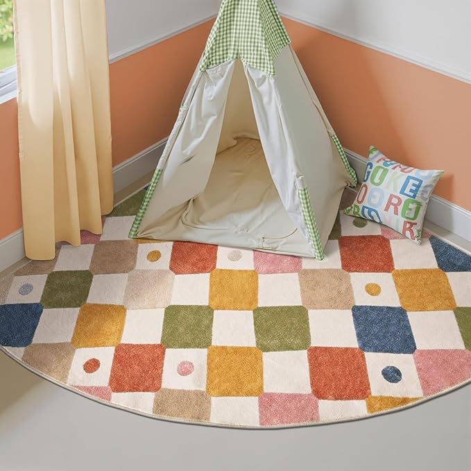 jinchan Macy Kids Rug for Nursery 5ft Radius Corner Washable Area Rug Modern Colorful Quarter Circle Rug Soft Non-Slip Carpet for Bedroom Playroom Daycare Reading Nook Classroom Circus on Cream