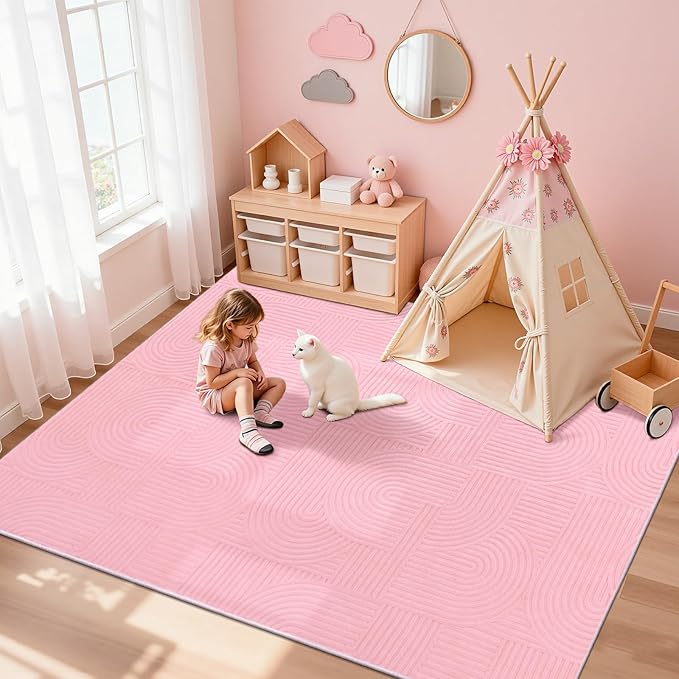 Pauwer 6x9 Washable Area Rugs for Living Room Modern Pink Solid Color Soft Fluffy Rugs for Bedroom Non Slip Boho Accent Indoor Mat Floor Carpet Cover for Kids Room Dining Room Kitchen Office, Pink