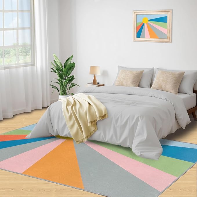 Boho Sun Area Rugs 6x9ft, Abstraction Deco Fluffie Rugs for Living Room, Minimalist Sunburst Nursery Rug with Under Rug Non Slip Tape for Bedroom Kids Room
